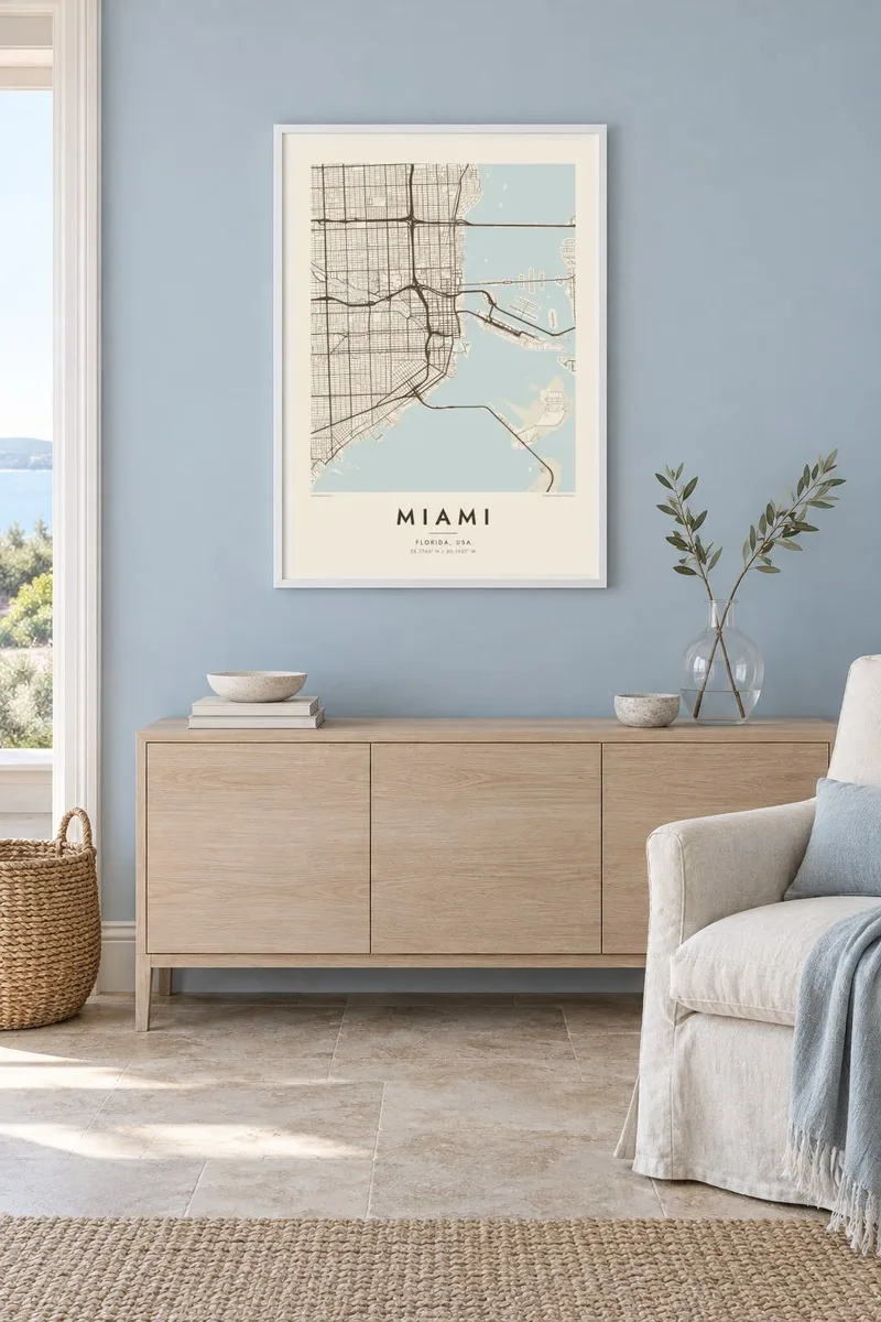 Miami map poster in a white frame, coastal interior