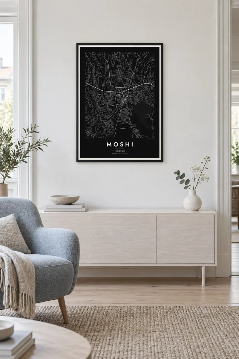 Moshi map poster in a black frame, scandinavian interior