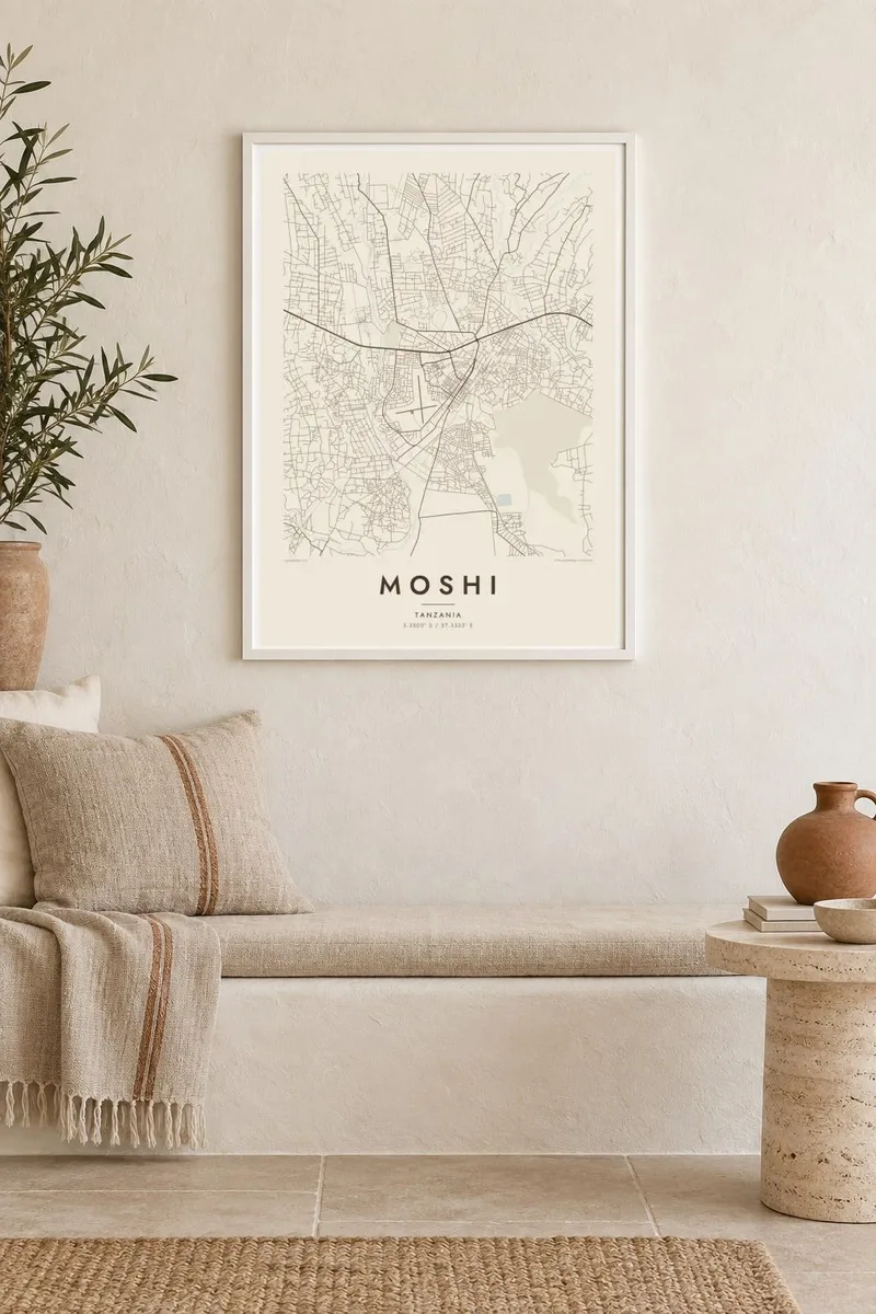 Moshi map poster in a white frame, mediterranean interior