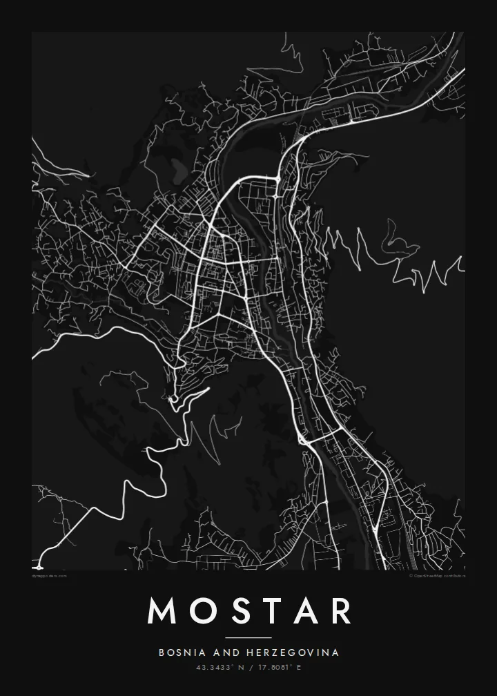 Mostar map poster — Noir style