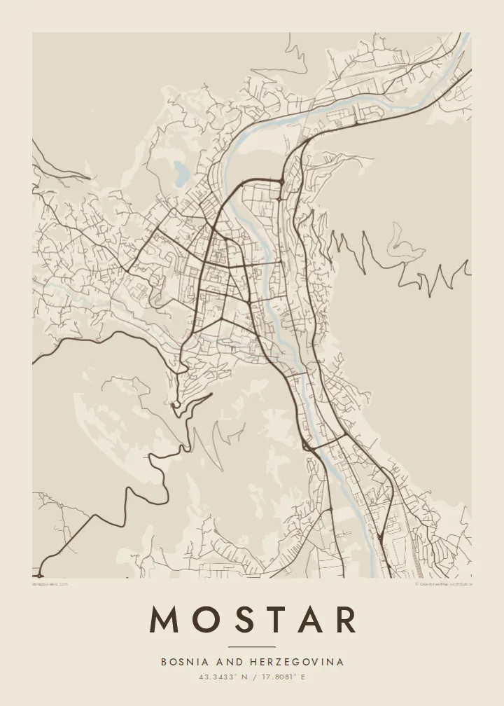 Mostar map poster — Sand style