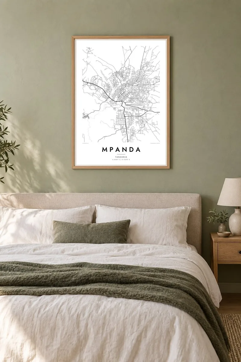 Mpanda map poster in an oak frame, sage bedroom interior