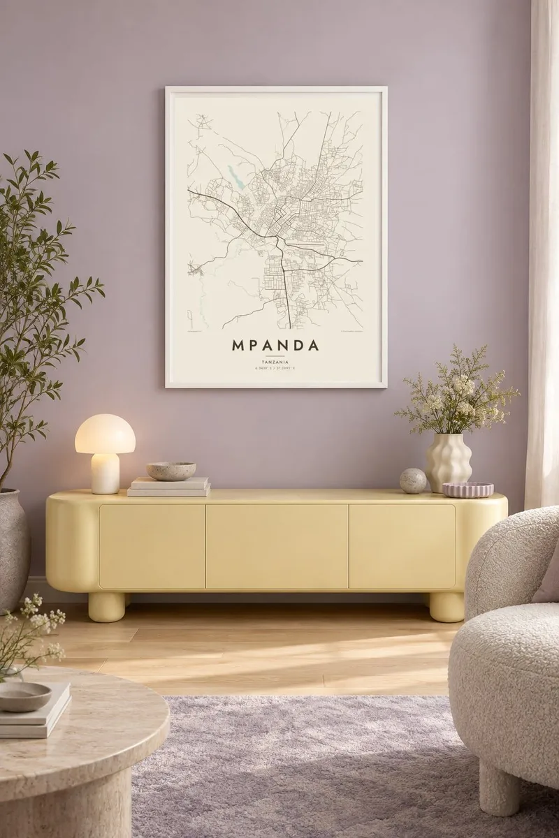 Mpanda map poster in a white frame, pastel interior