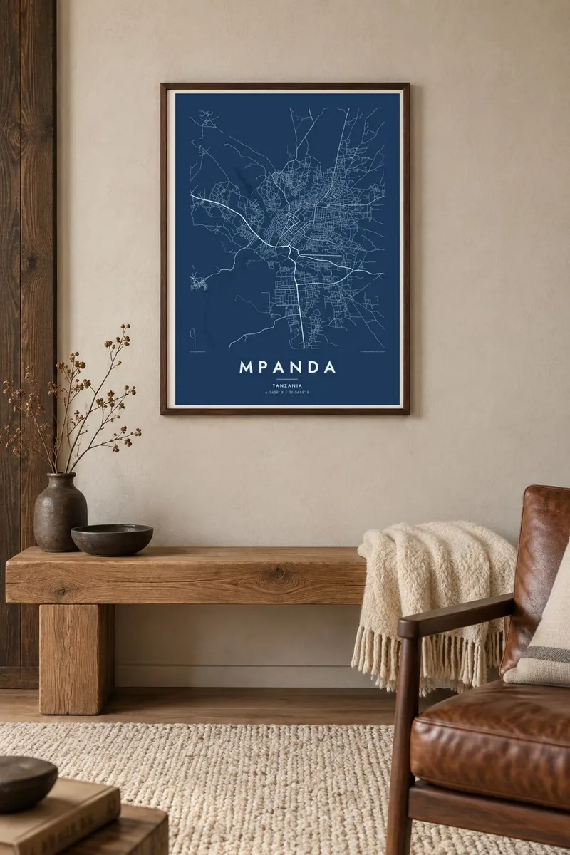 Mpanda map poster in a walnut frame, alpine interior