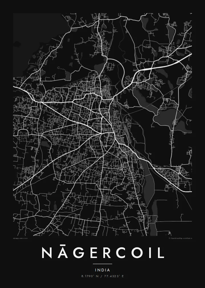 Nāgercoil map poster — Noir style