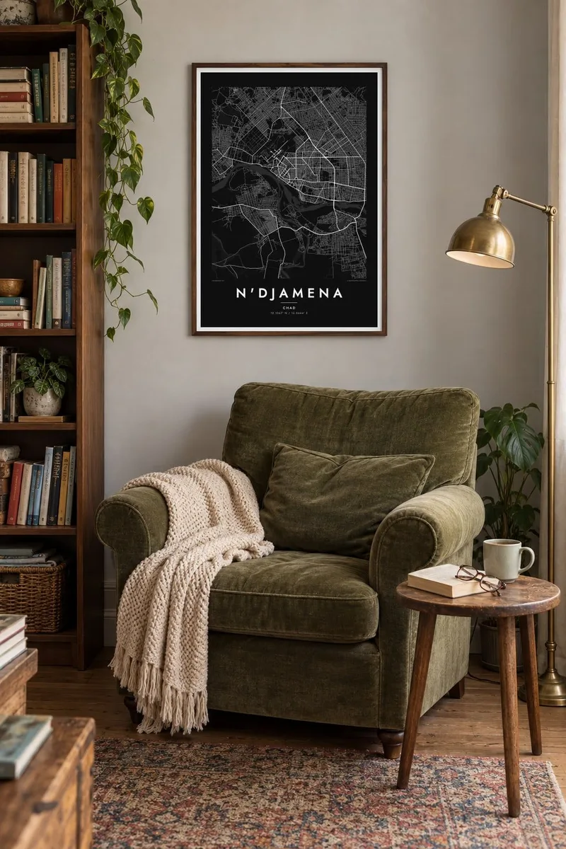 N'Djamena map poster in a walnut frame, reader home interior
