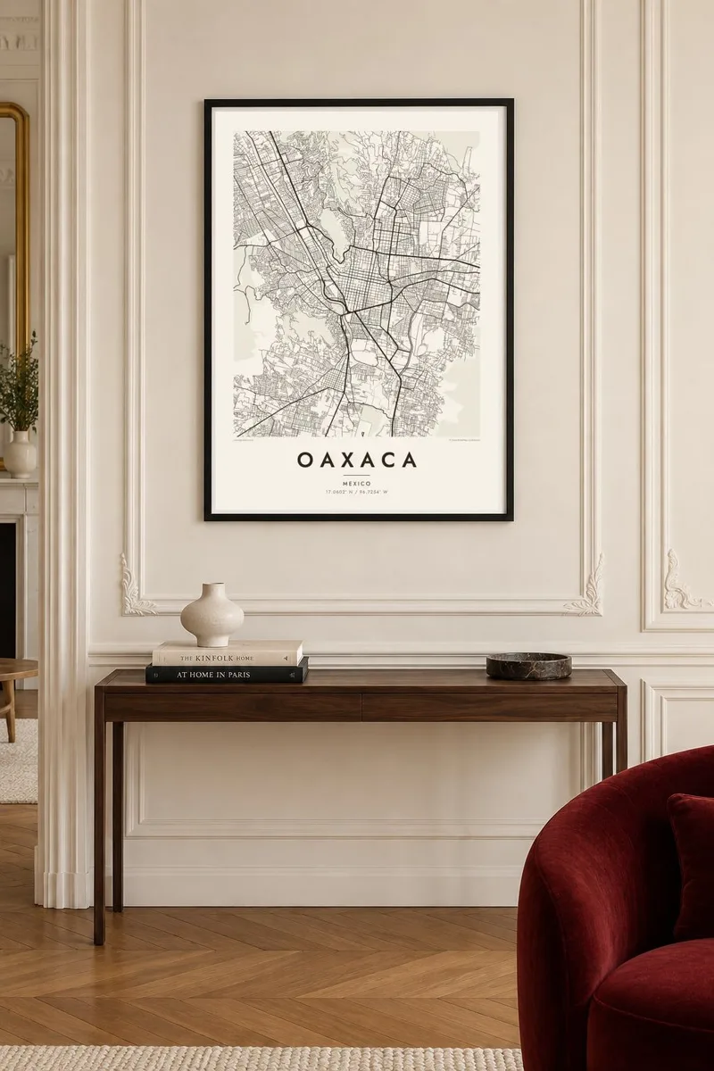 Oaxaca map poster in a black frame, paris interior
