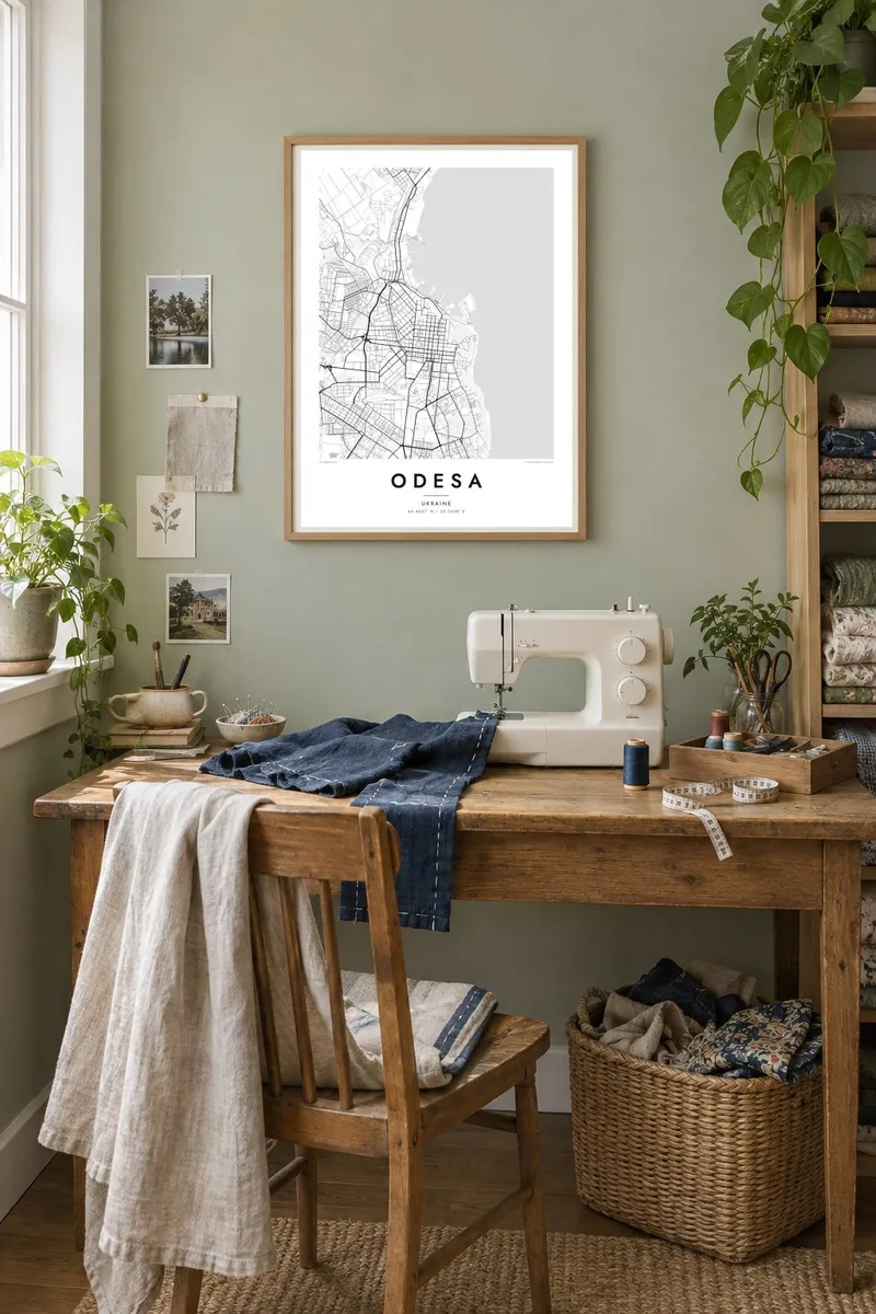 Одеса map poster in an oak frame, craft room interior