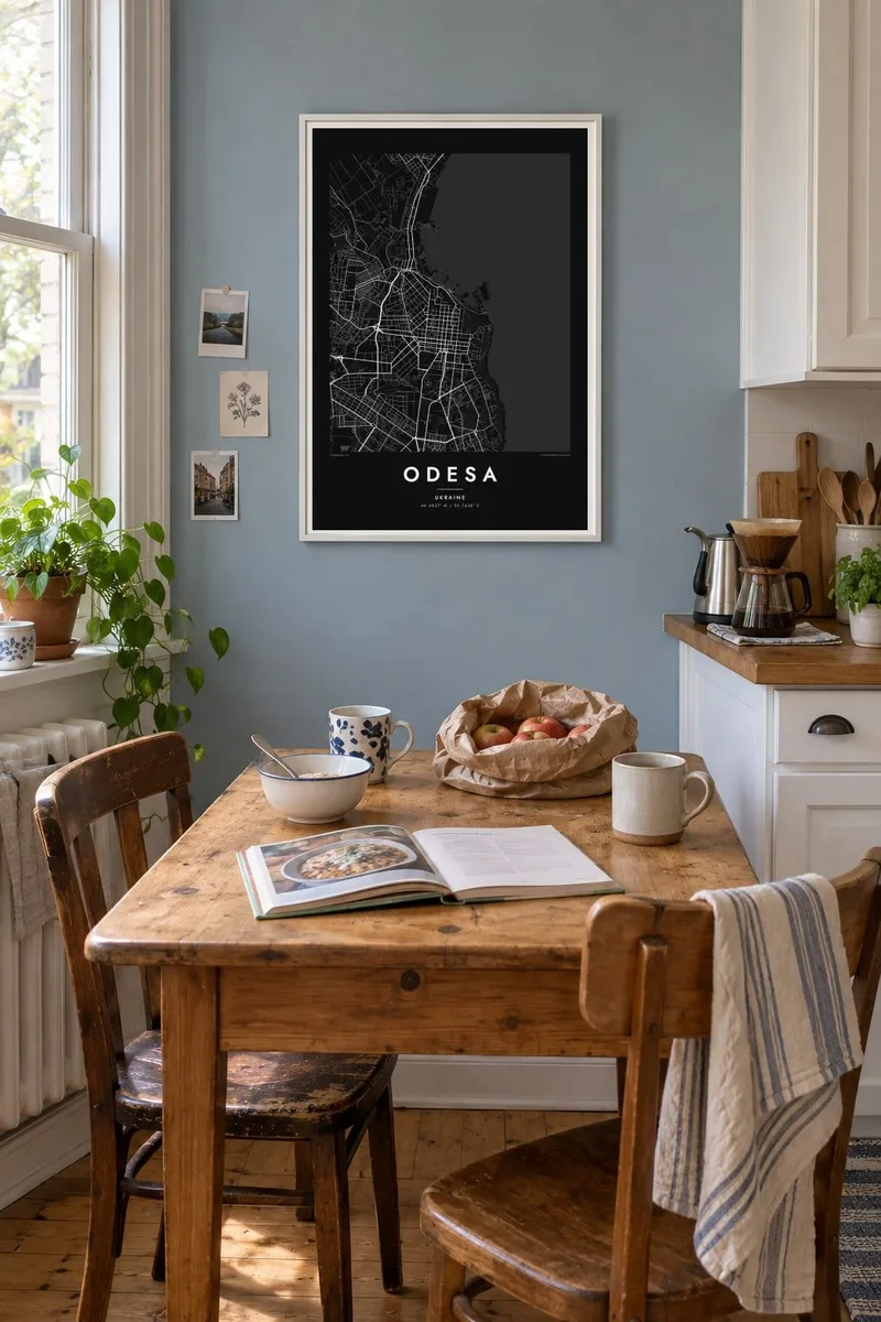Одеса map poster in a white frame, kitchen blue interior