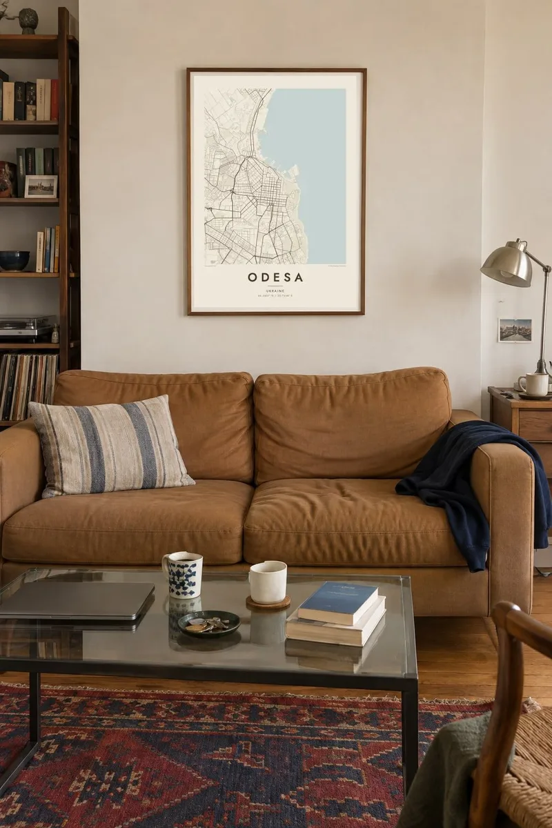 Одеса map poster in a walnut frame, city living interior