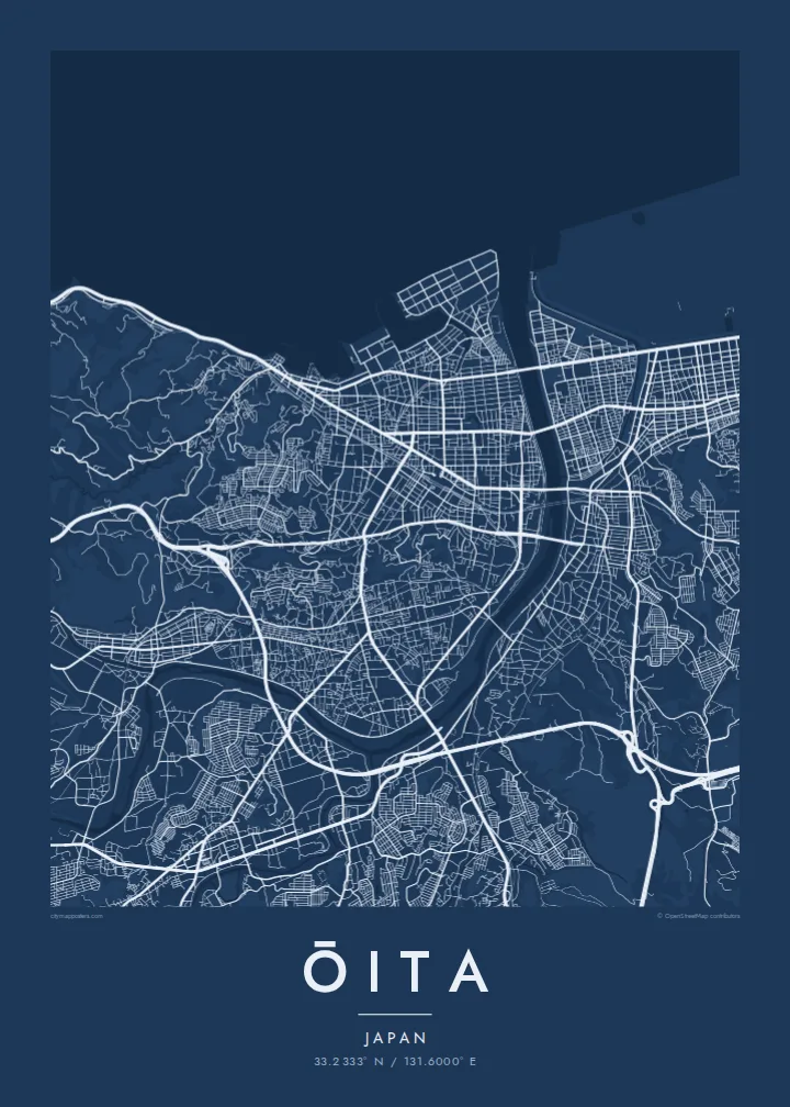 Ōita map poster — Blueprint style