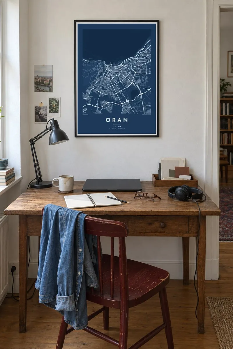 Oran map poster in a black frame, creative desk interior