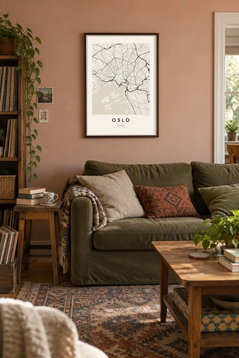 Oslo map poster in a walnut frame, vintage living interior
