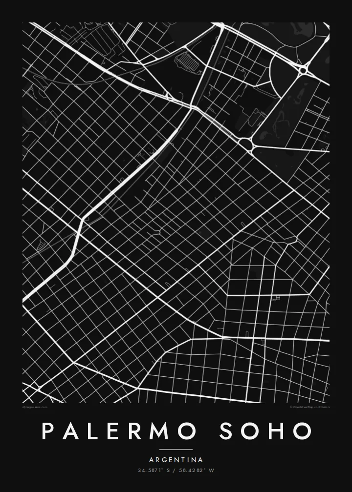 Palermo Soho map poster — Noir style