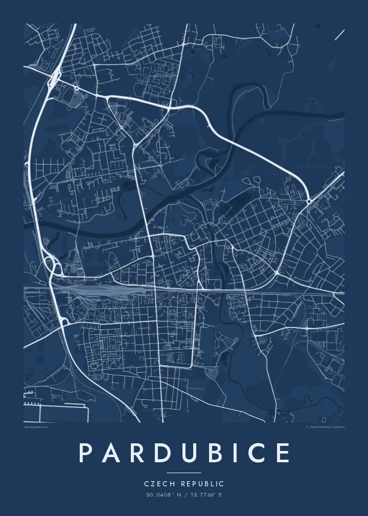 Pardubice map poster — Blueprint style