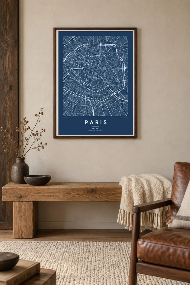 פריז map poster in a walnut frame, alpine interior