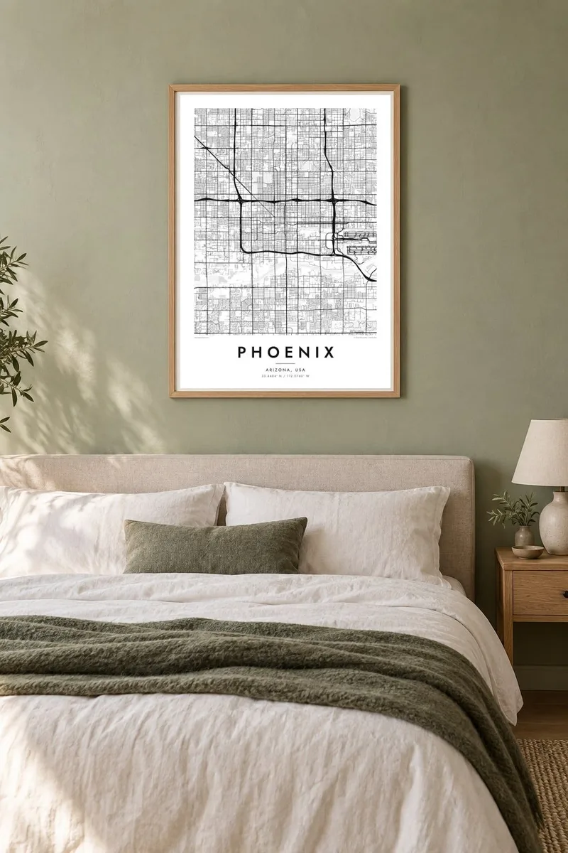 Finiks map poster in an oak frame, sage bedroom interior
