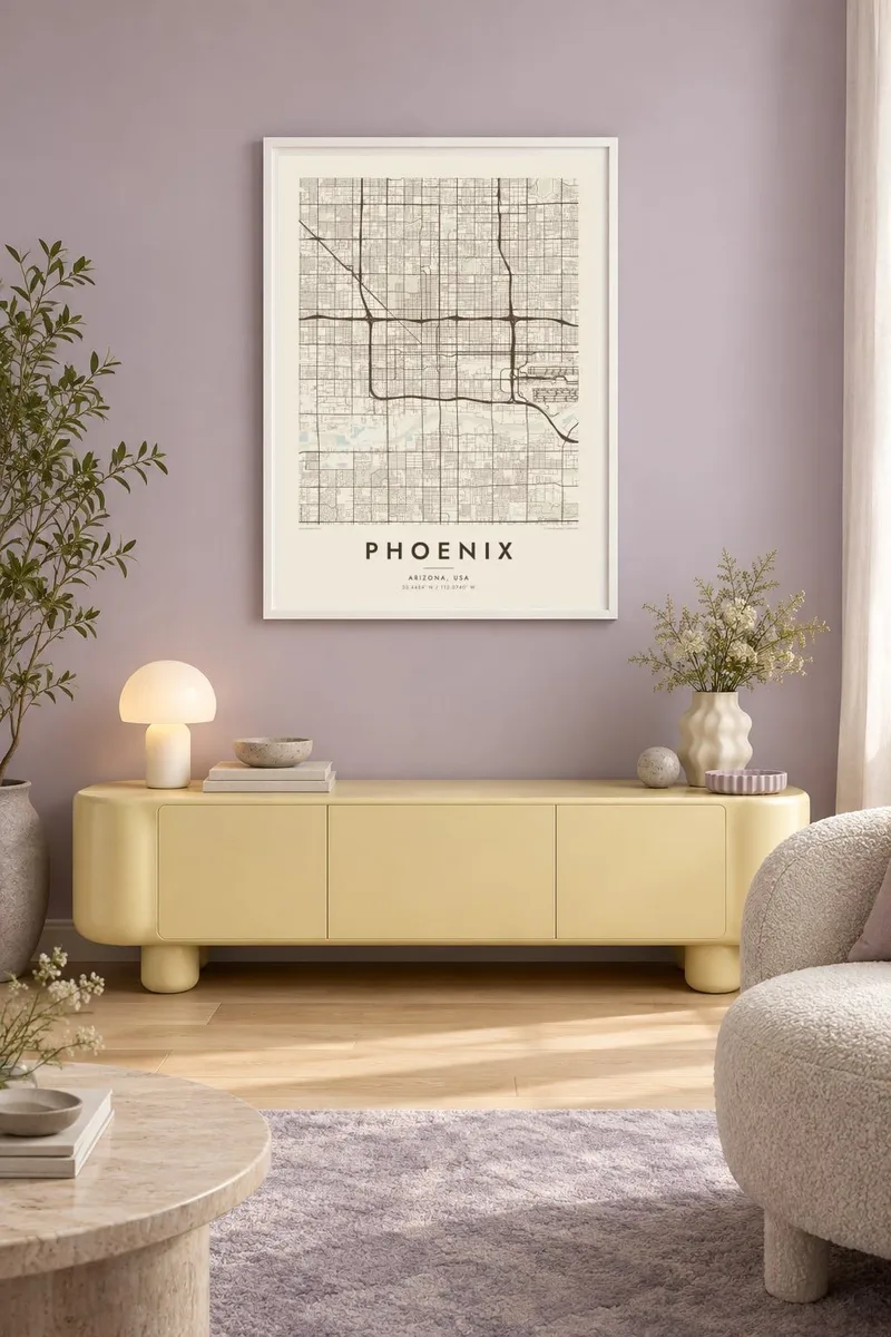 Finiks map poster in a white frame, pastel interior