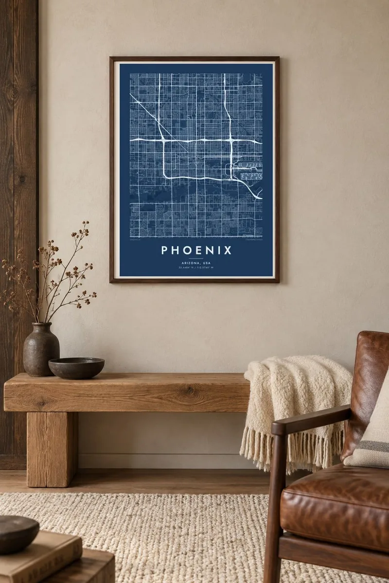 Finiks map poster in a walnut frame, alpine interior