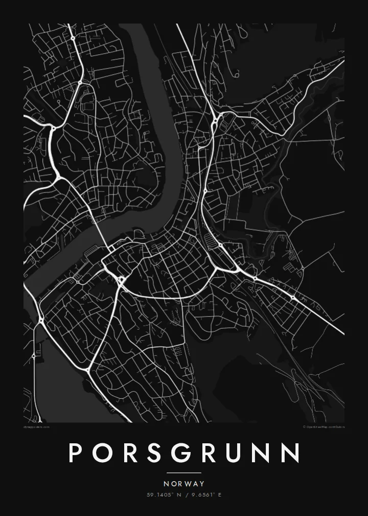 Porsgrunn map poster — Noir