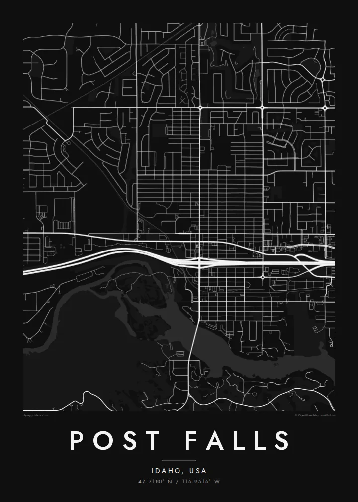 Post Falls map poster — Noir