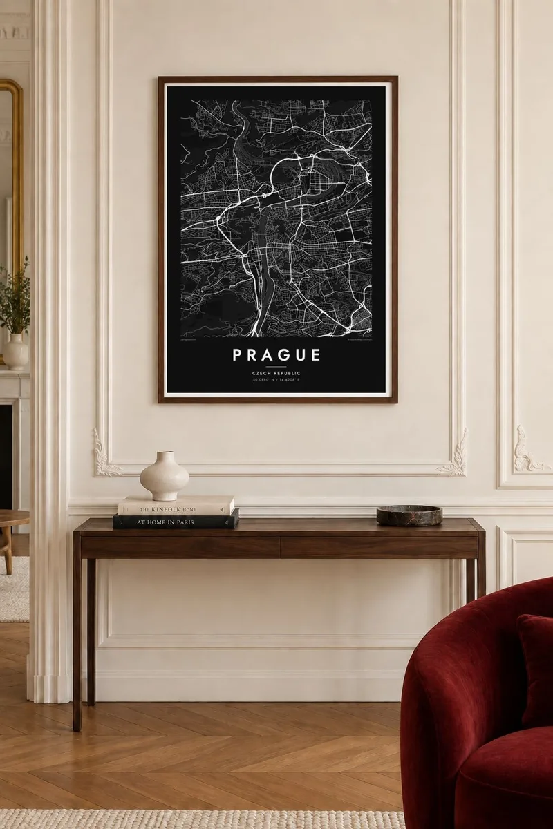 Praha map poster in a walnut frame, paris interior