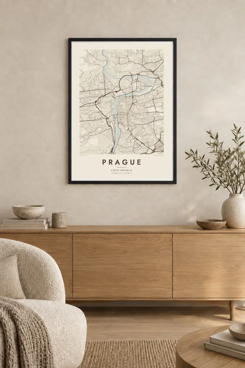Praha map poster in a black frame, japandi interior