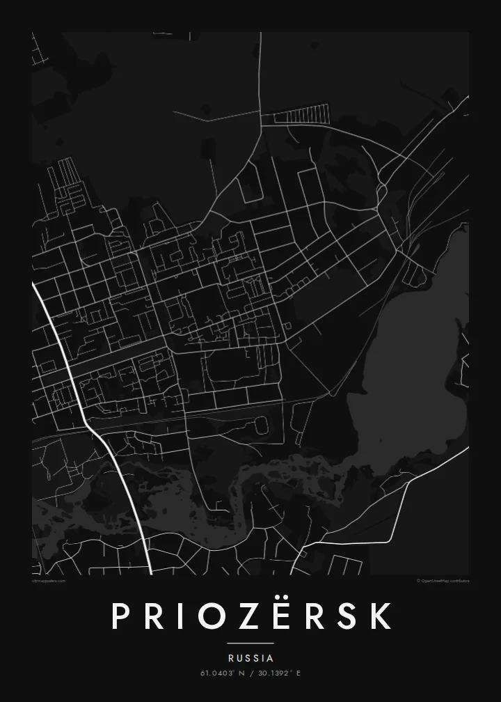 Priozërsk map poster — Noir