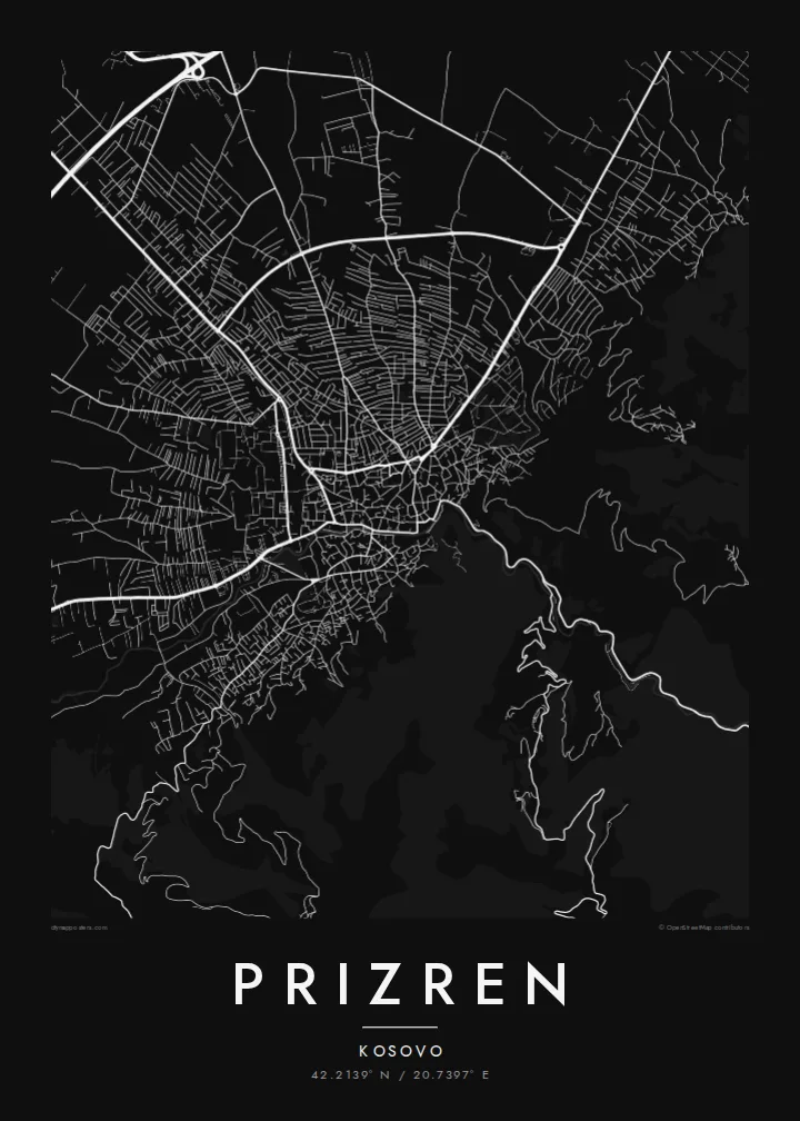 Prizren map poster — Noir style