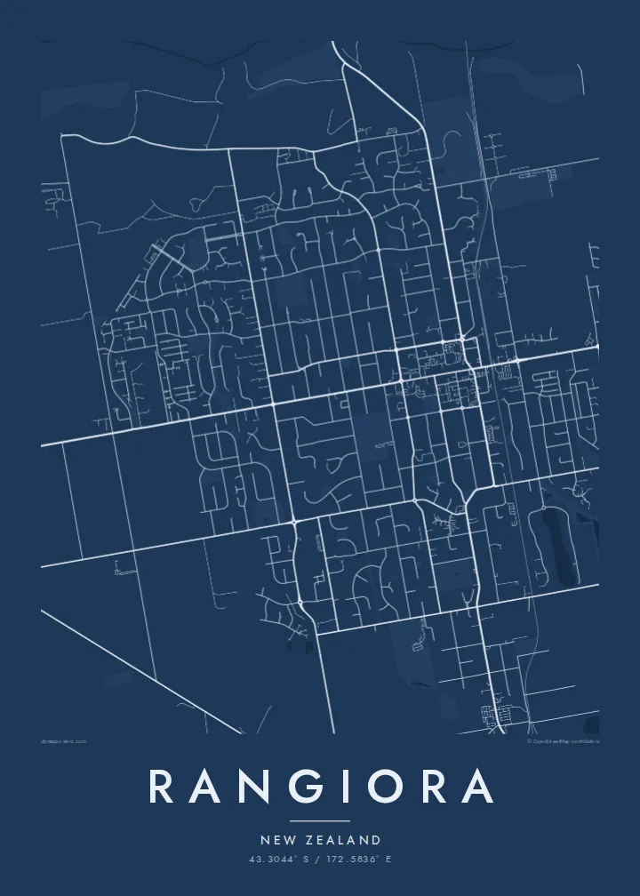 Rangiora map poster — Blueprint style