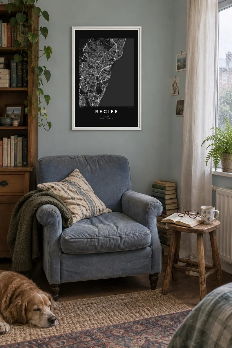 Recife map poster in a white frame, window reading interior