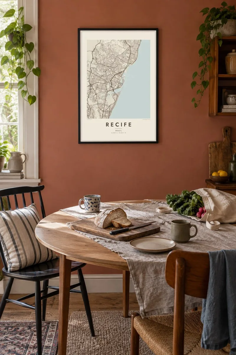Recife map poster in a black frame, dining terracotta interior