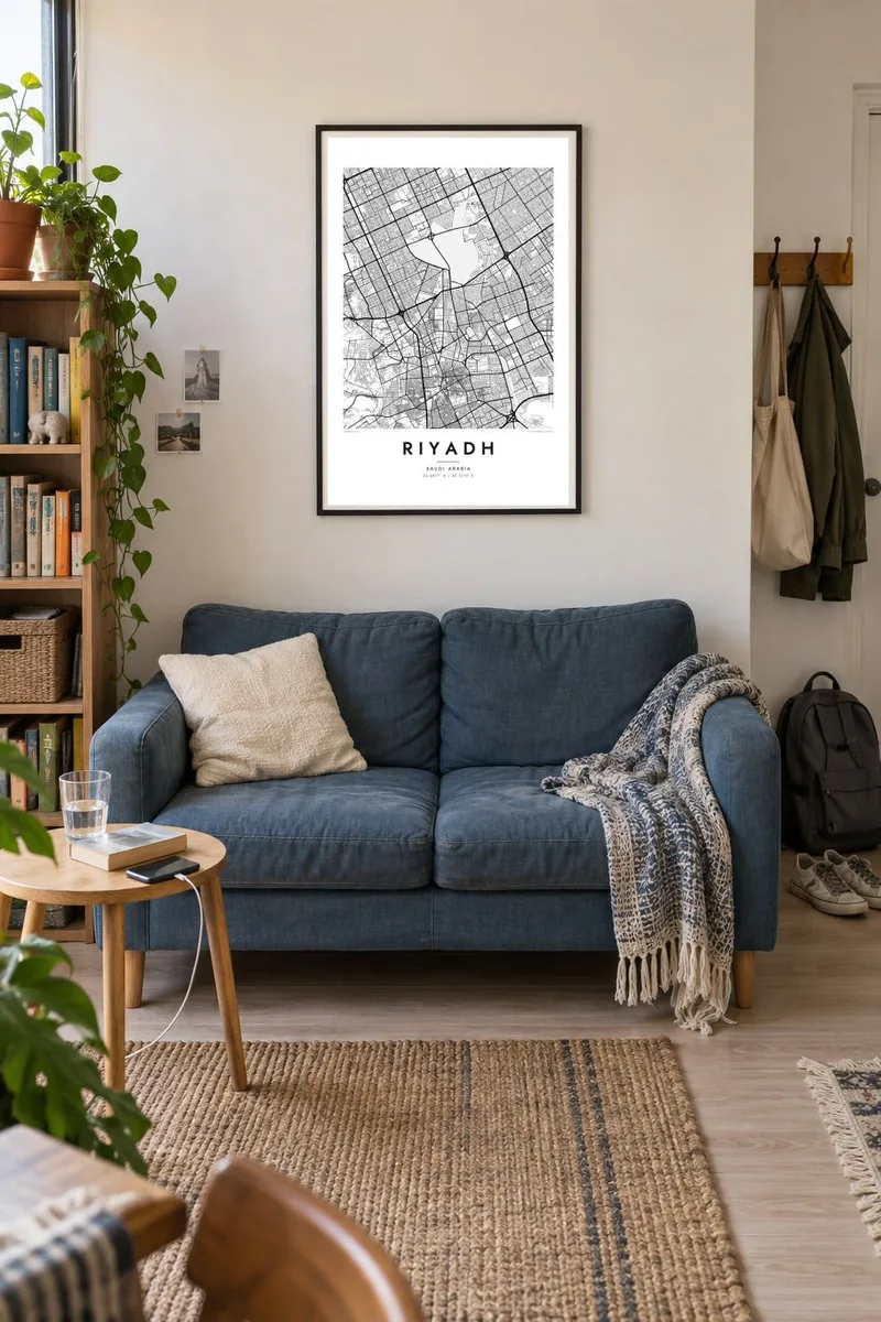 Ριάντ map poster in a black frame, small flat interior