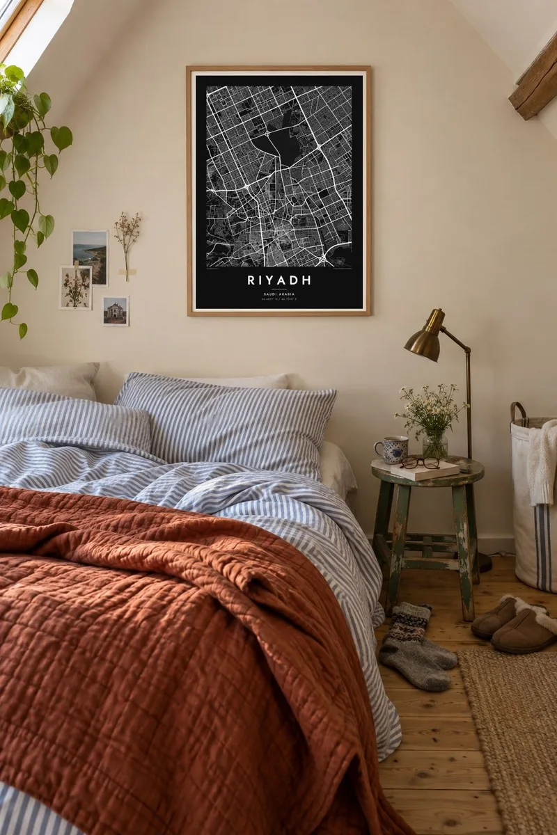 Ριάντ map poster in an oak frame, attic bedroom interior