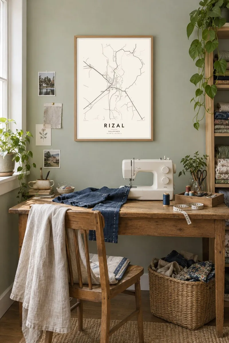 Rizal map poster in an oak frame, craft room interior