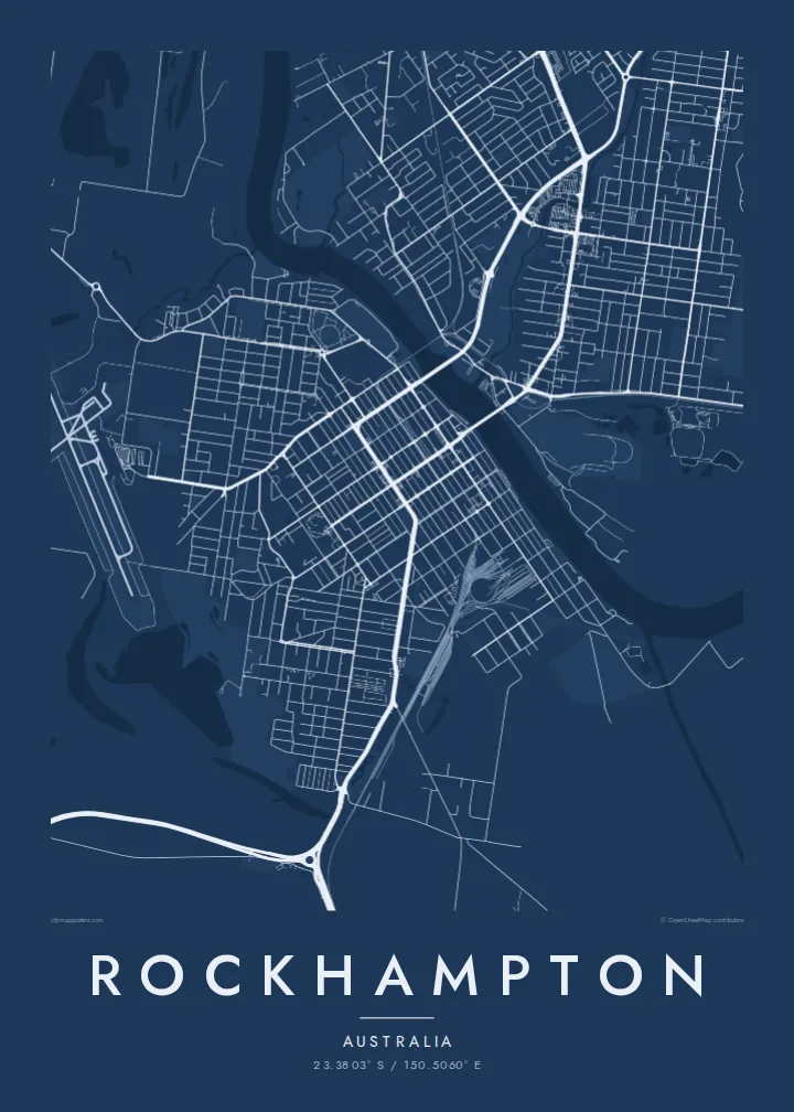 Rockhampton map poster — Blueprint style