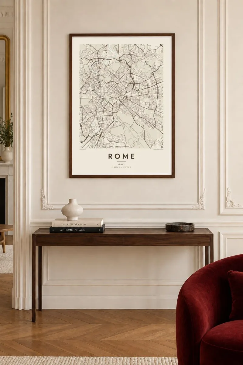 Roma map poster in a walnut frame, paris interior
