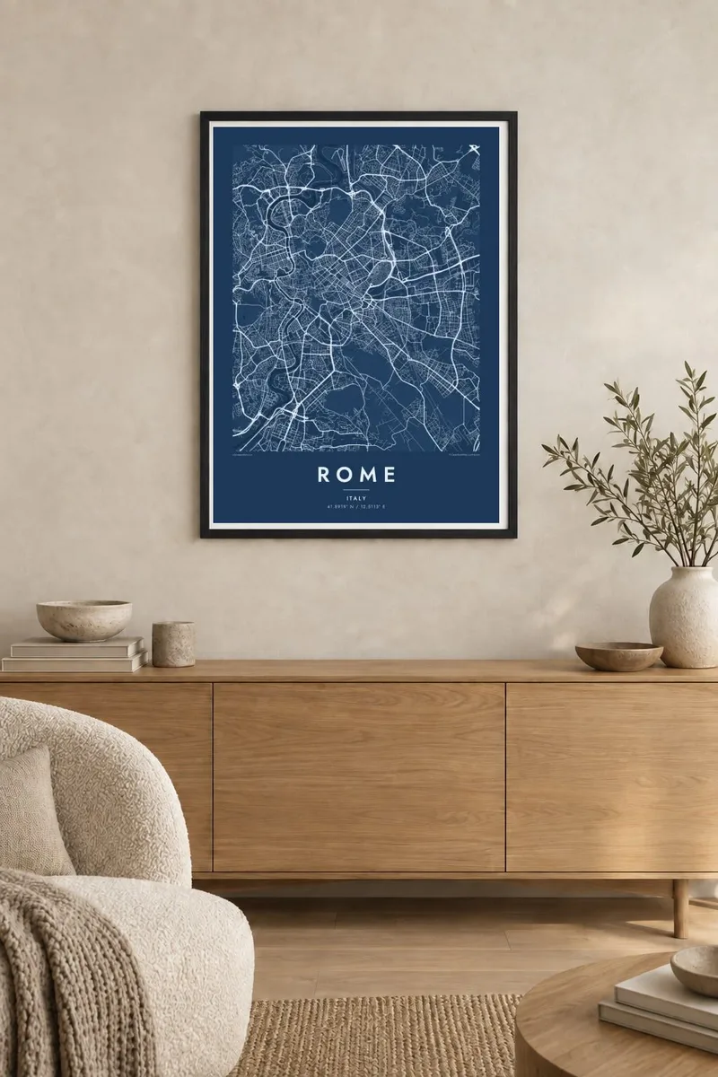 Roma map poster in a black frame, japandi interior