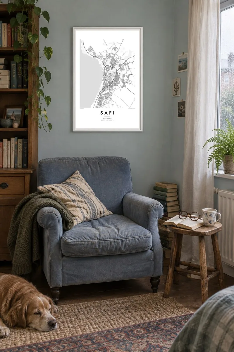 Safi map poster in a white frame, window reading interior