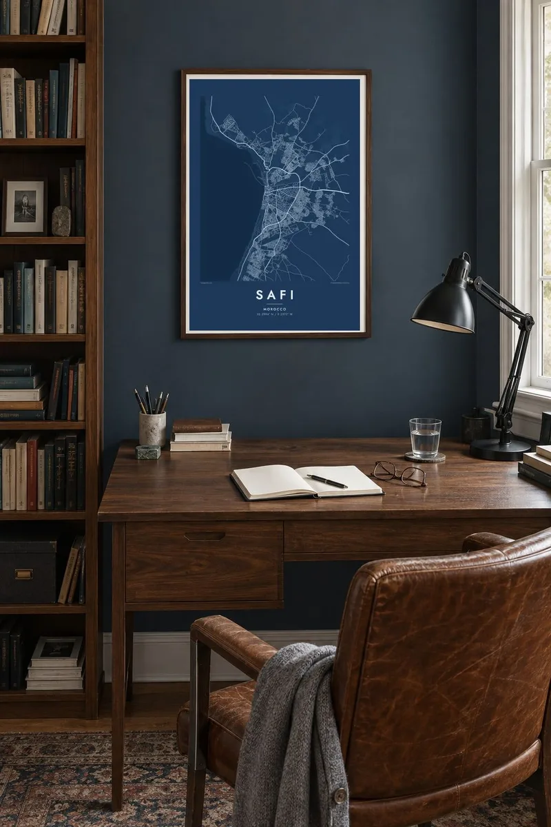 Safi map poster in a walnut frame, study navy interior