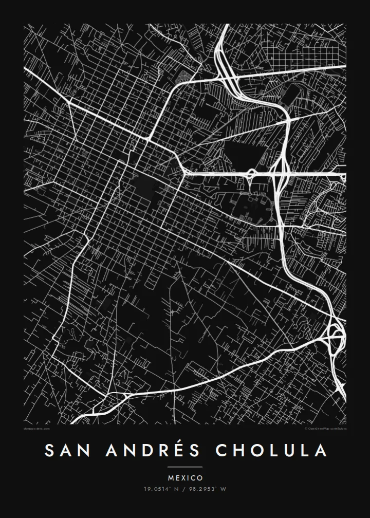 San Andrés Cholula map poster — Noir style