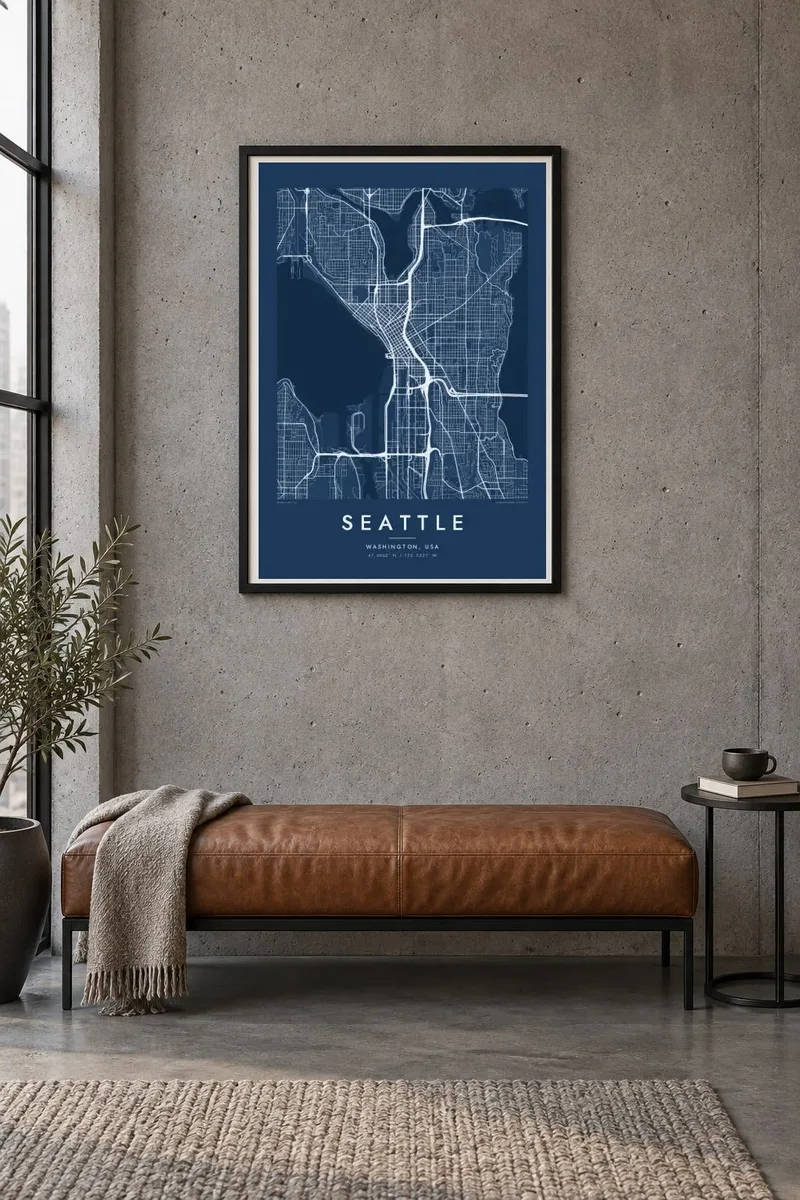 Seattle map poster in a black frame, industrial interior