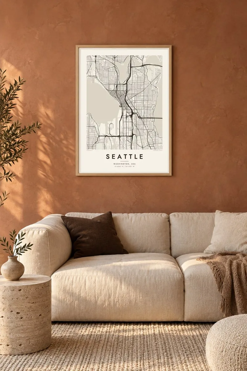 Seattle map poster in an oak frame, terracotta interior