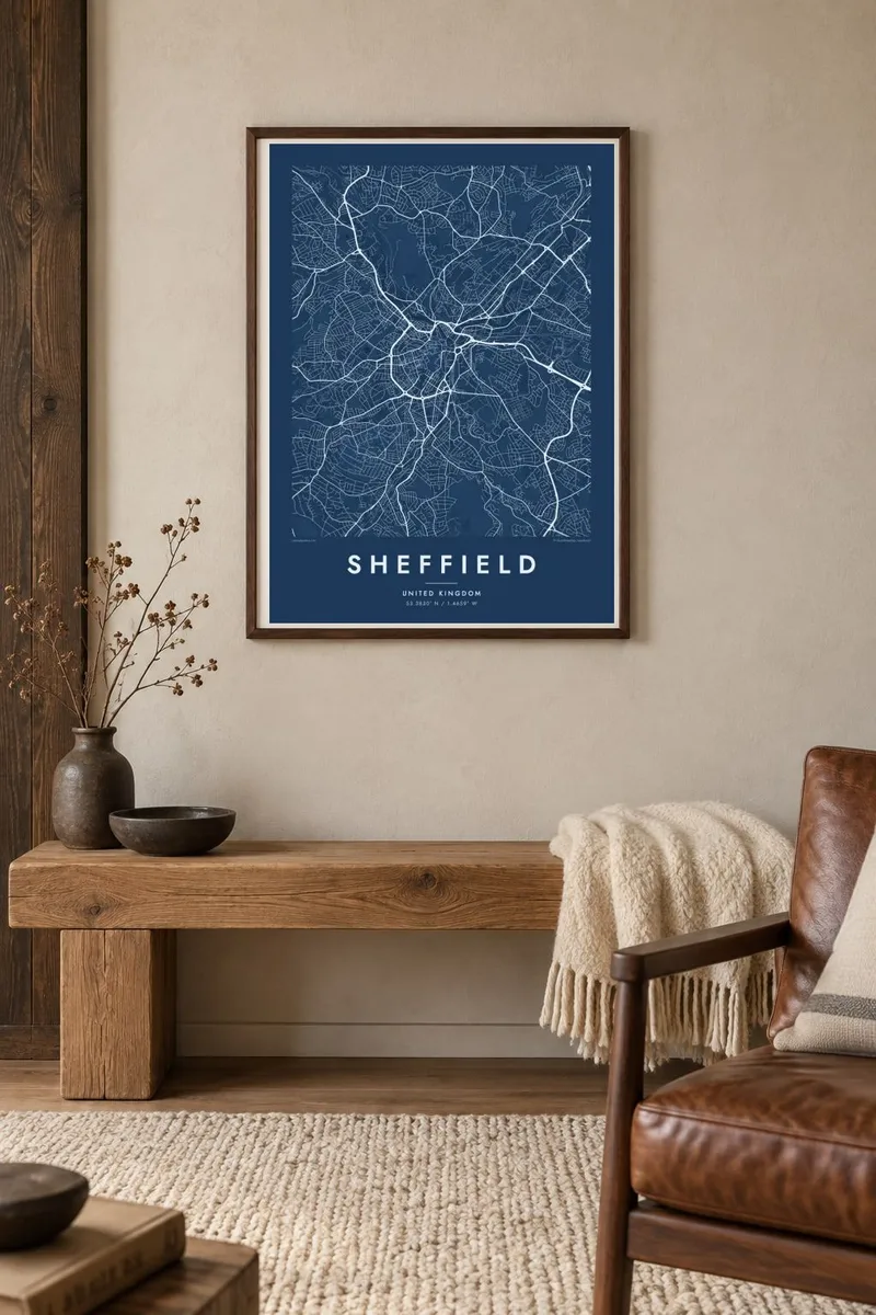 Sheffield map poster in a walnut frame, alpine interior