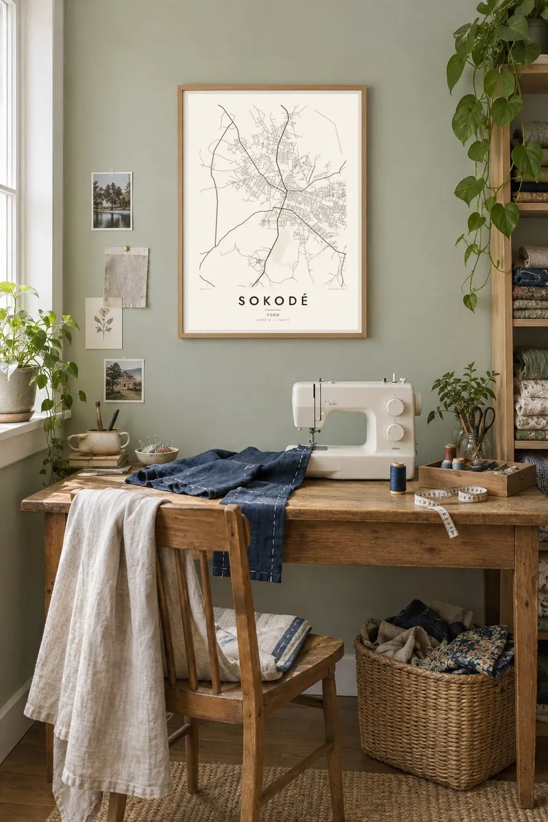 Sokodé map poster in an oak frame, craft room interior