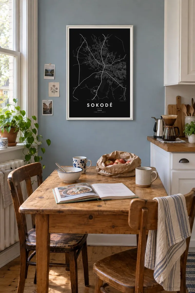 Sokodé map poster in a white frame, kitchen blue interior