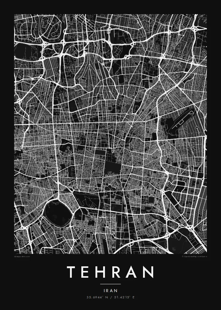Teheran mapa poster — Noir