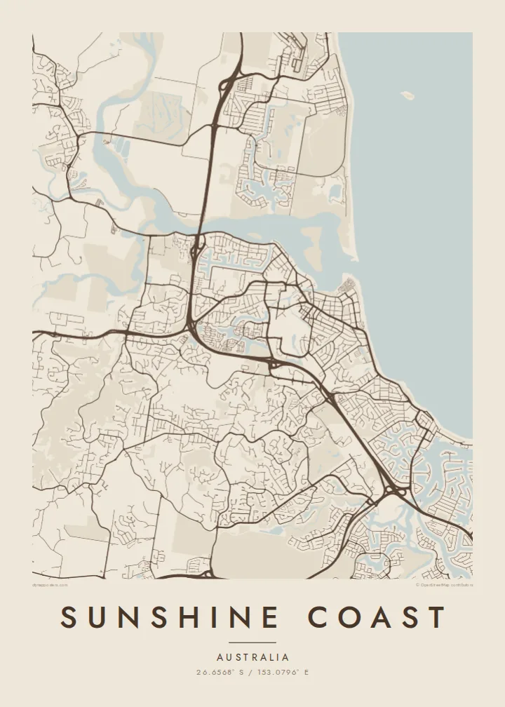 Sunshine Coast map poster — Sand style