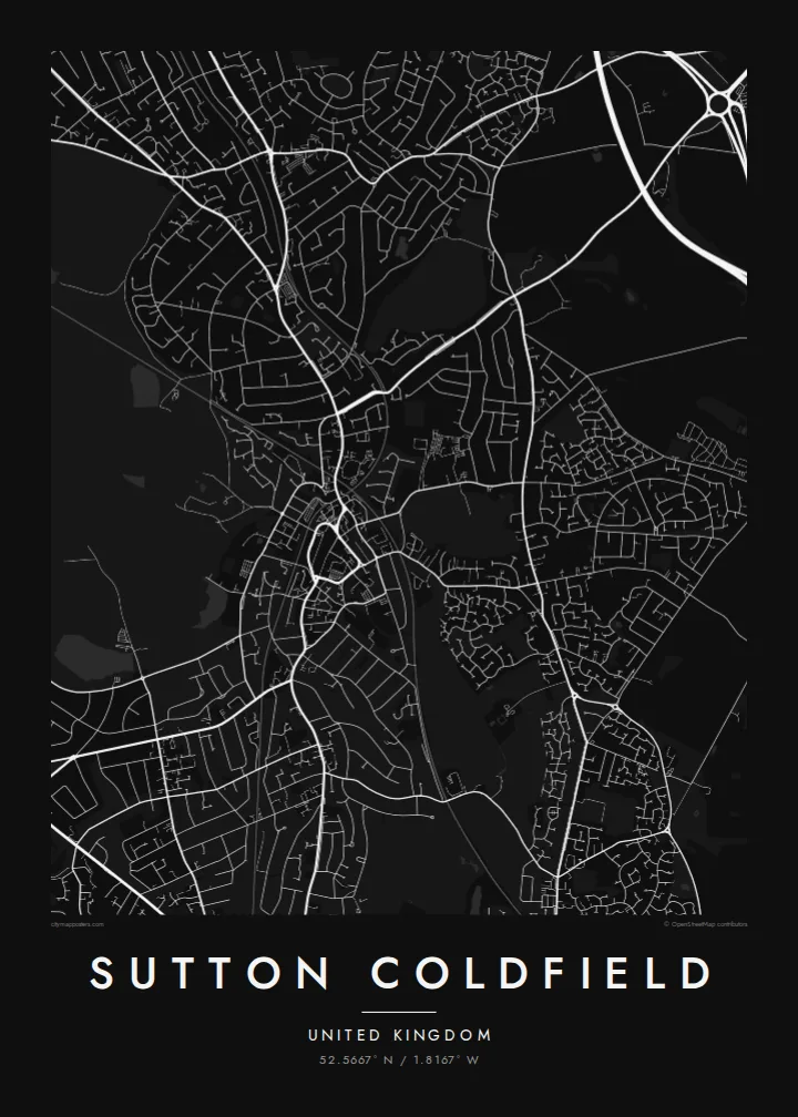 Sutton Coldfield map poster — Noir