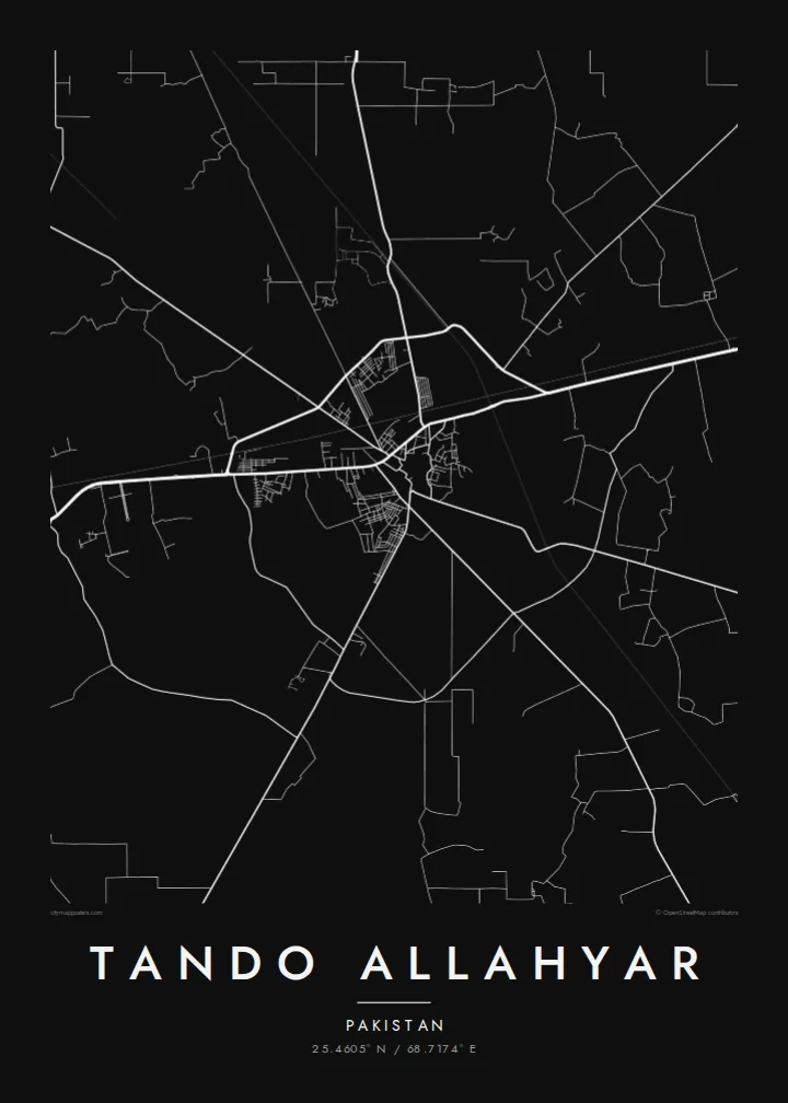 Tando Allahyar map poster — Noir